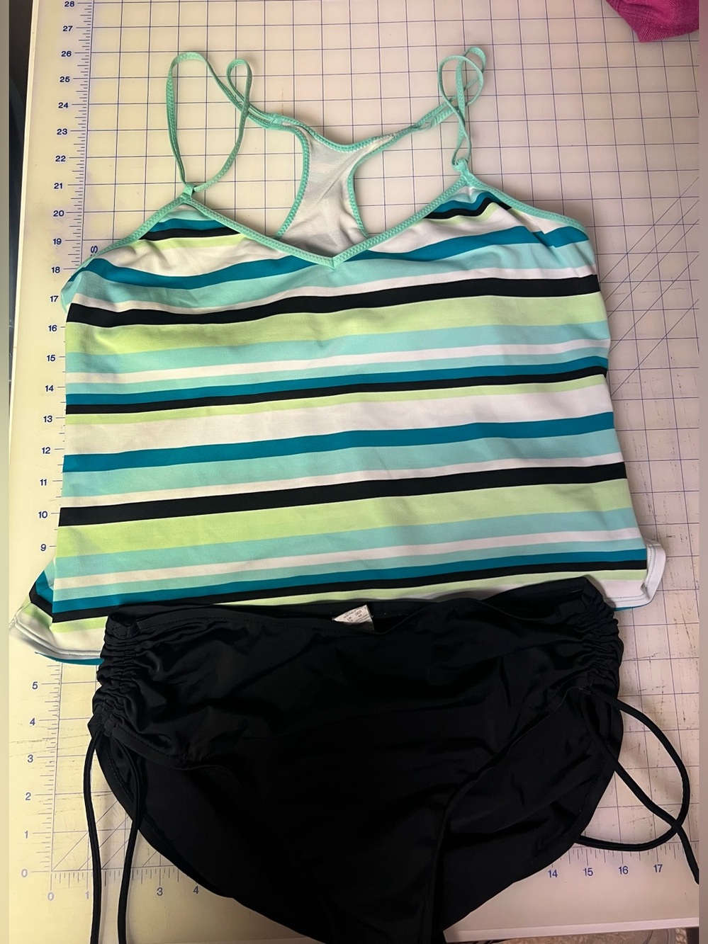 Women’s Striped Tankini Swim Top and Black Bikini Bottoms